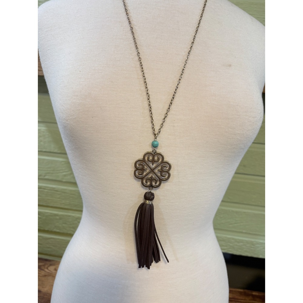 Boho Silver Tone Quatrefoil Filigree Tassel Necklace‎ Turquoise Bead Bro
